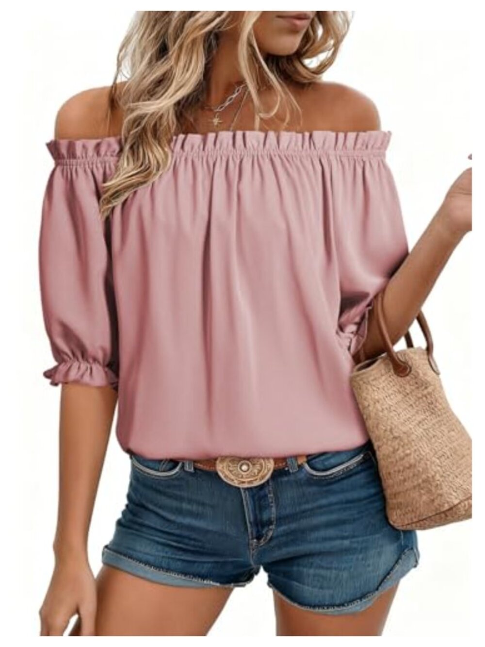 Off Shoulder Puff Sleeve Blouse Boat Neck Dressy Casual Top